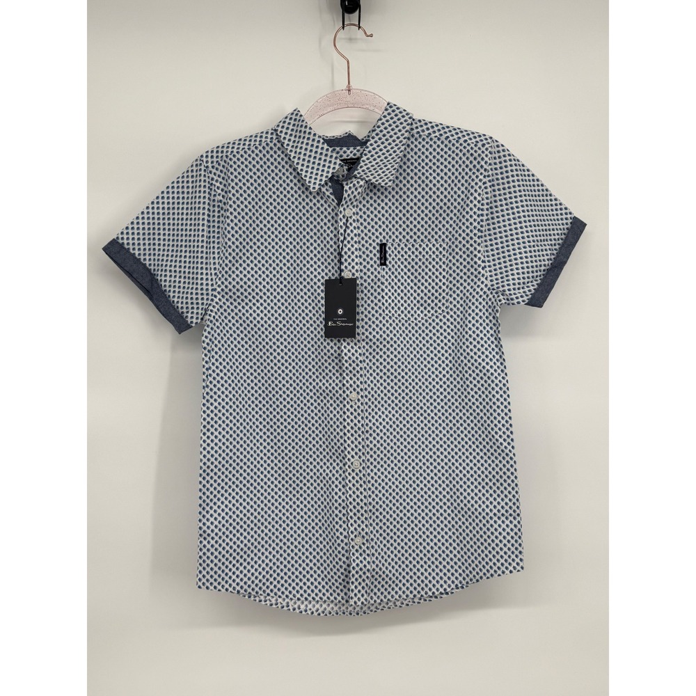 Ben Sherman Boys Blue White Geometric Short Sleeve Button Down Shirt Sz L NEW